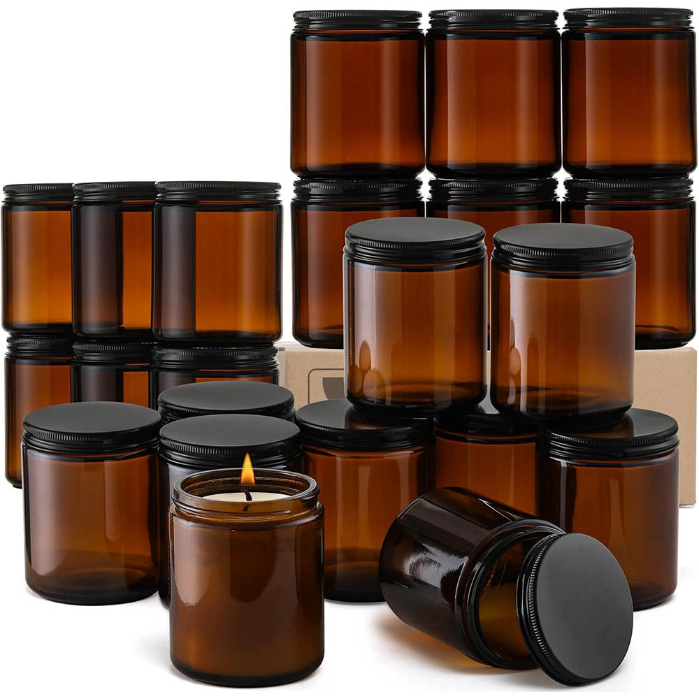 Amber Jar Candle - 8oz Amber glazen potjes met zwarte